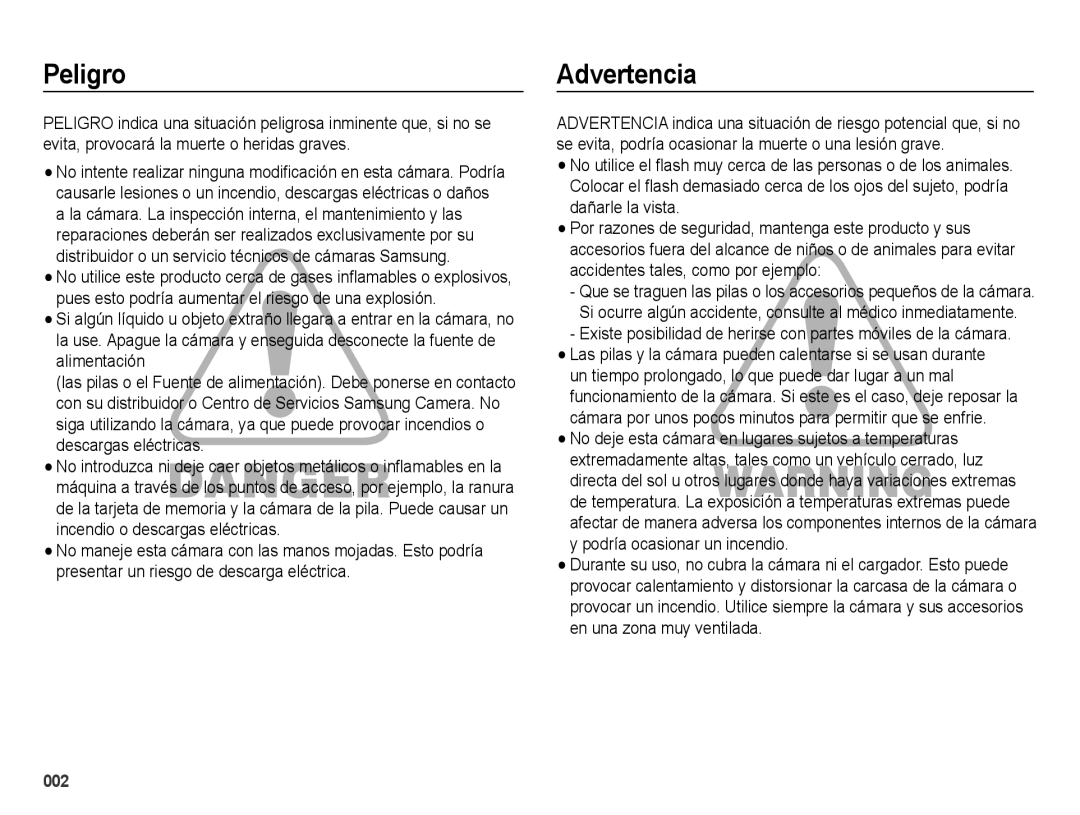 Samsung EC-ES67ZZBPRE1, EC-ES67ZZBPBE1, EC-ES65ZZBPBE1, EC-ES65ZZBPRE1, EC-ES65ZZBPWE1, EC-ES65ZZBPWCA Peligro, Advertencia 