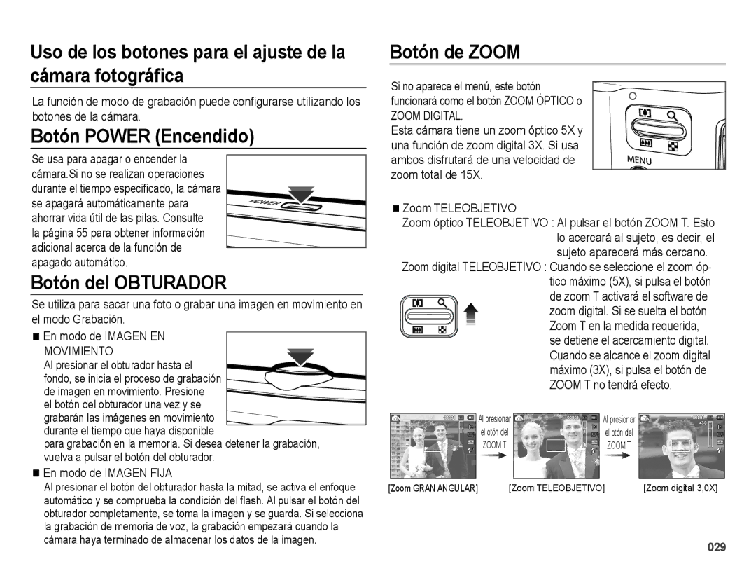 Samsung EC-ES67ZZBPBE1 Uso de los botones para el ajuste de la cámara fotográﬁca, Botón Power Encendido, Botón de Zoom 