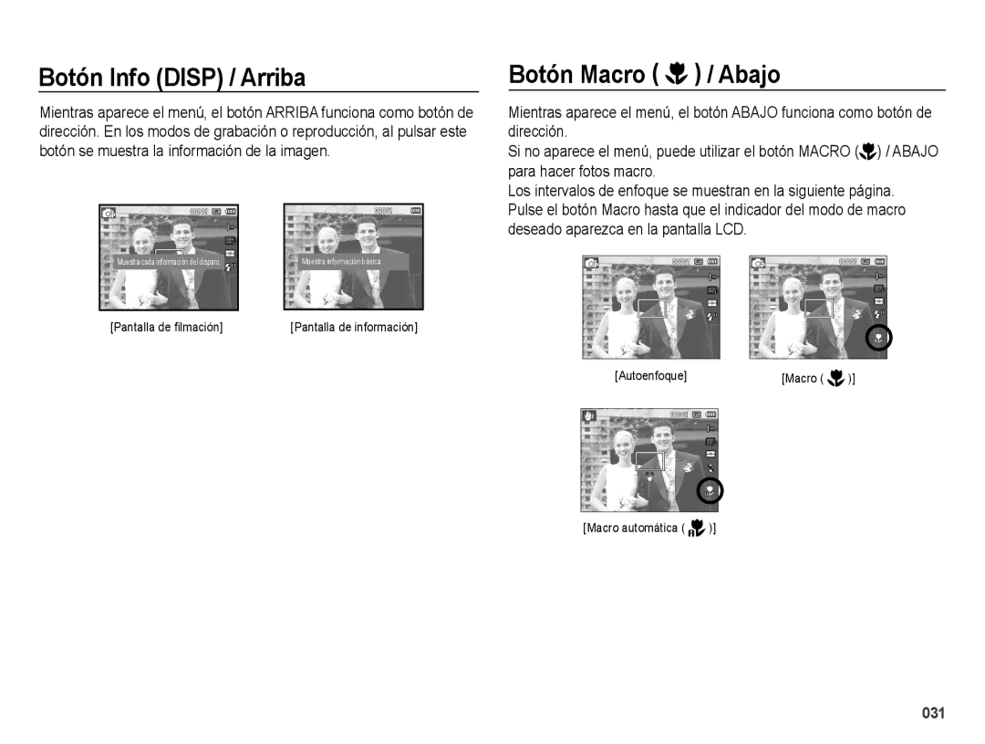 Samsung EC-ES65ZZBPRE1, EC-ES67ZZBPBE1, EC-ES65ZZBPBE1, EC-ES67ZZBPRE1 manual Botón Info Disp / Arriba, Botón Macro / Abajo 