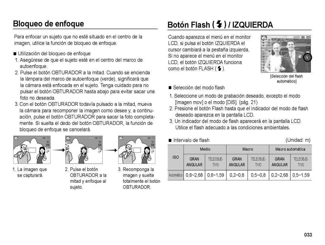 Samsung EC-ES65ZZBPWE1 Bloqueo de enfoque, Botón Flash / Izquierda, Selección del modo ﬂash, Intervalo de ﬂash, Unidad m 