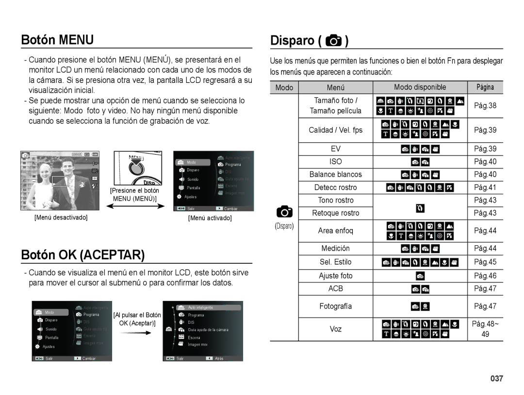 Samsung EC-ES65ZZBPPE1, EC-ES67ZZBPBE1, EC-ES65ZZBPBE1, EC-ES65ZZBPRE1, EC-ES67ZZBPRE1 Botón Menu, Disparo, Botón OK Aceptar 