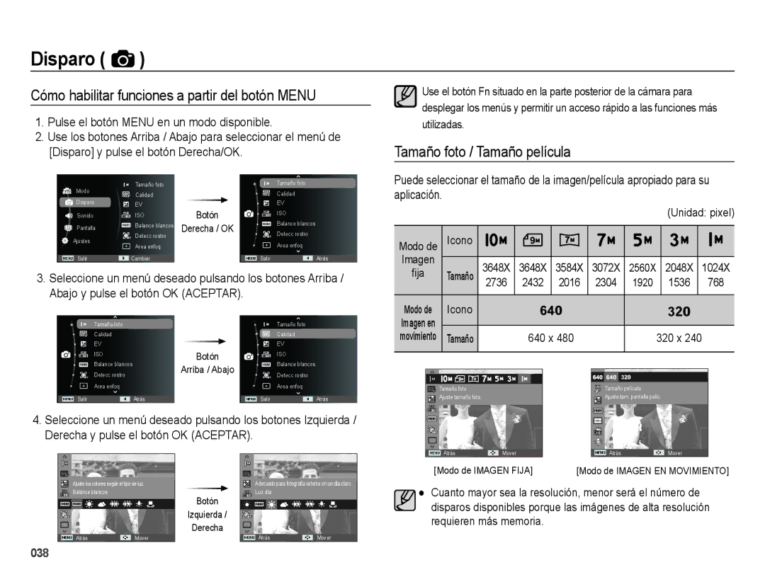 Samsung EC-ES65ZZBPSE1 manual Cómo habilitar funciones a partir del botón Menu, Tamaño foto / Tamaño película, Unidad pixel 