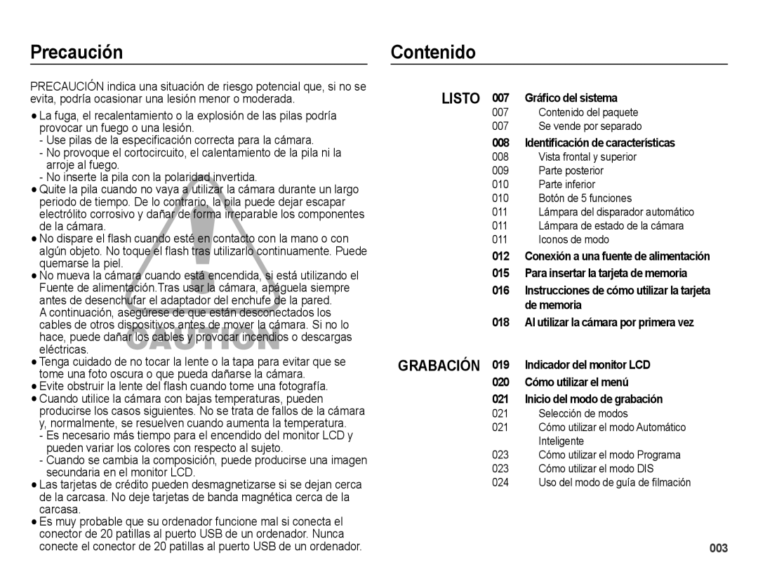 Samsung EC-ES65ZZBPWE1, EC-ES67ZZBPBE1, EC-ES65ZZBPBE1 manual Precaución, Contenido del paquete Se vende por separado 