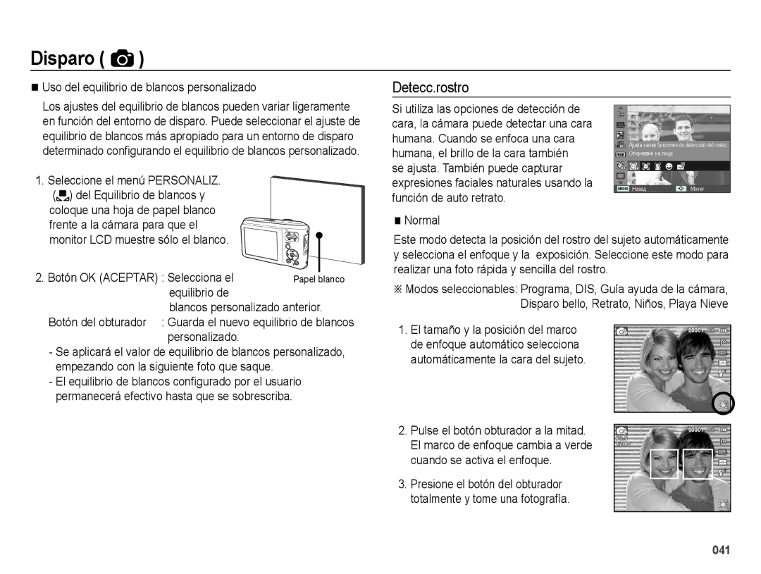 Samsung EC-ES65ZZBPRE1 manual Detecc.rostro, Uso del equilibrio de blancos personalizado, Frente a la cámara para que el 