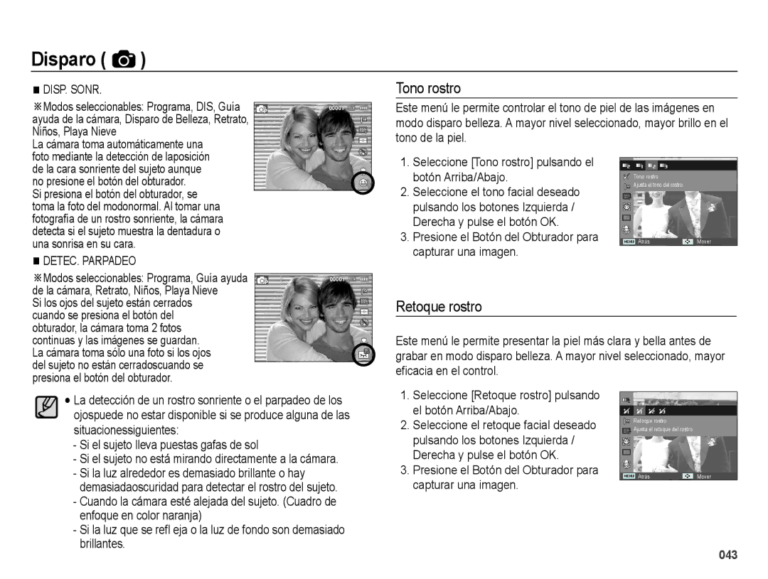 Samsung EC-ES65ZZBPWE1, EC-ES67ZZBPBE1, EC-ES65ZZBPBE1, EC-ES65ZZBPRE1, EC-ES67ZZBPRE1 manual Tono rostro, Retoque rostro 