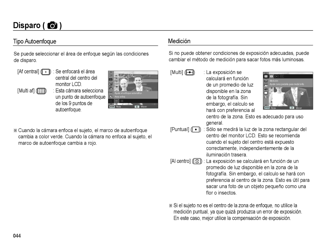 Samsung EC-ES65ZZBPWCA, EC-ES67ZZBPBE1, EC-ES65ZZBPBE1, EC-ES65ZZBPRE1, EC-ES67ZZBPRE1 manual Tipo Autoenfoque, Medición 