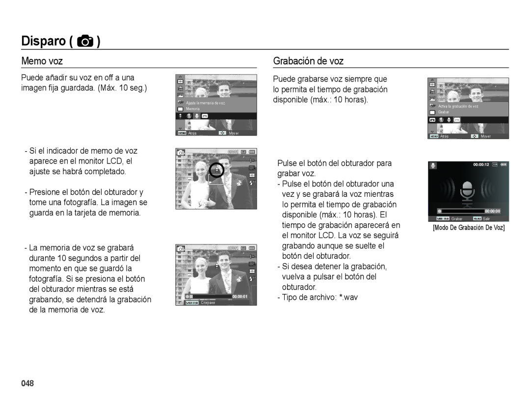 Samsung EC-ES65ZZBPSE1 manual Memo voz Grabación de voz, Pulse el botón del obturador para grabar voz, Botón del obturador 