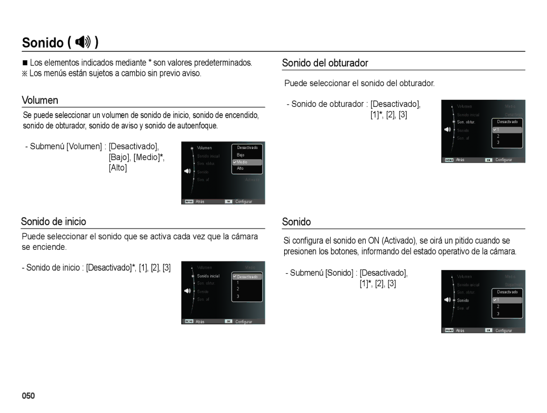 Samsung EC-ES65ZZBPBE1, EC-ES67ZZBPBE1, EC-ES65ZZBPRE1 manual Sonido , Sonido del obturador Volumen, Sonido de inicio 