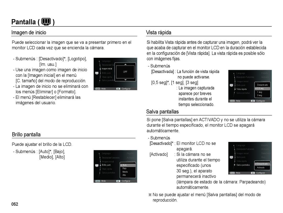 Samsung EC-ES67ZZBPRE1, EC-ES67ZZBPBE1, EC-ES65ZZBPBE1 manual Imagen de inicio, Vista rápida, Salva pantallas Brillo pantalla 