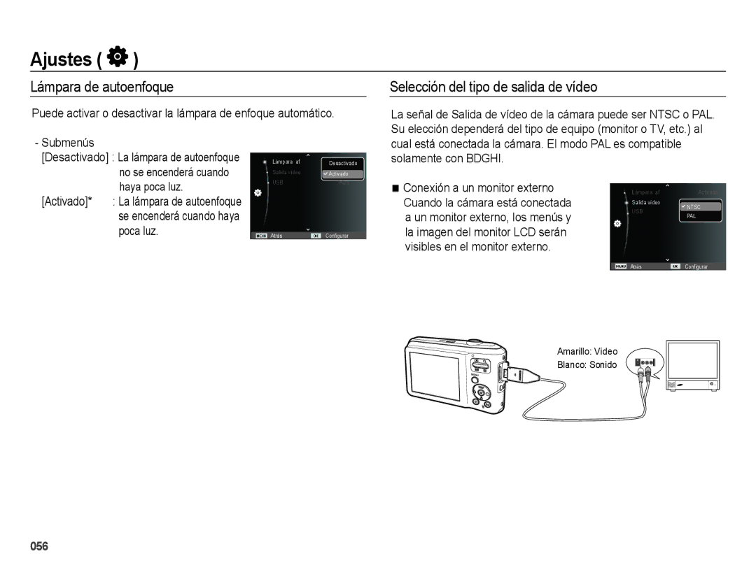 Samsung EC-ES67ZZBPSE1, EC-ES67ZZBPBE1 Lámpara de autoenfoque, Selección del tipo de salida de vídeo, Activado, Poca luz 