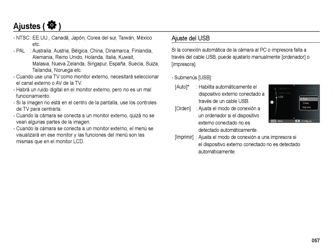 Samsung EC-ES65ZZBPPE1, EC-ES67ZZBPBE1, EC-ES65ZZBPBE1, EC-ES65ZZBPRE1, EC-ES67ZZBPRE1, EC-ES65ZZBPWE1 manual Ajuste del USB 