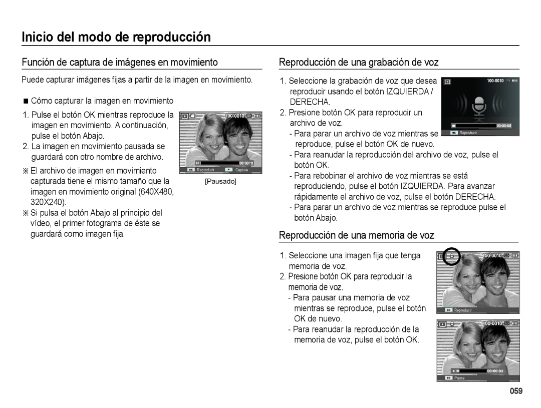 Samsung EC-ES67ZZBPBE1, EC-ES65ZZBPBE1 Función de captura de imágenes en movimiento, Reproducción de una grabación de voz 