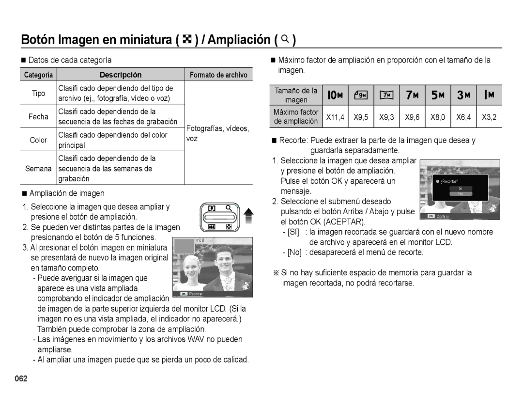 Samsung EC-ES67ZZBPRE1 Botón Imagen en miniatura º / Ampliación í, Pulse el botón OK y aparecerá un, El botón OK Aceptar 