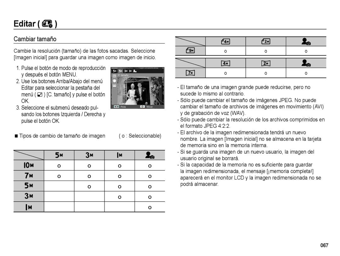 Samsung EC-ES65ZZBPPE1, EC-ES67ZZBPBE1, EC-ES65ZZBPBE1, EC-ES65ZZBPRE1, EC-ES67ZZBPRE1, EC-ES65ZZBPWE1 Editar, Cambiar tamaño 