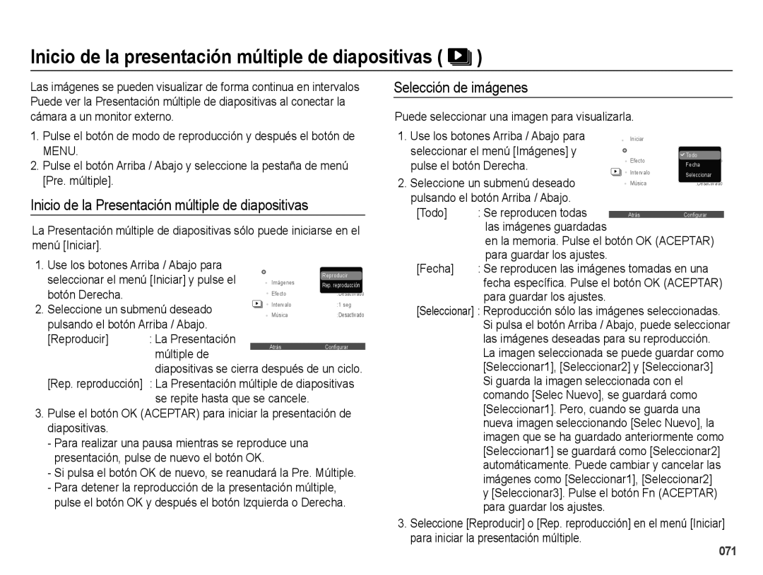 Samsung EC-ES65ZZBPRE1, EC-ES67ZZBPBE1 manual Inicio de la presentación múltiple de diapositivas, Selección de imágenes 