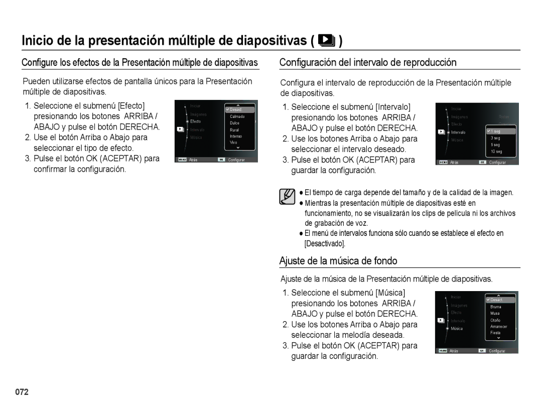 Samsung EC-ES67ZZBPRE1, EC-ES67ZZBPBE1 manual Conﬁguración del intervalo de reproducción, Ajuste de la música de fondo 