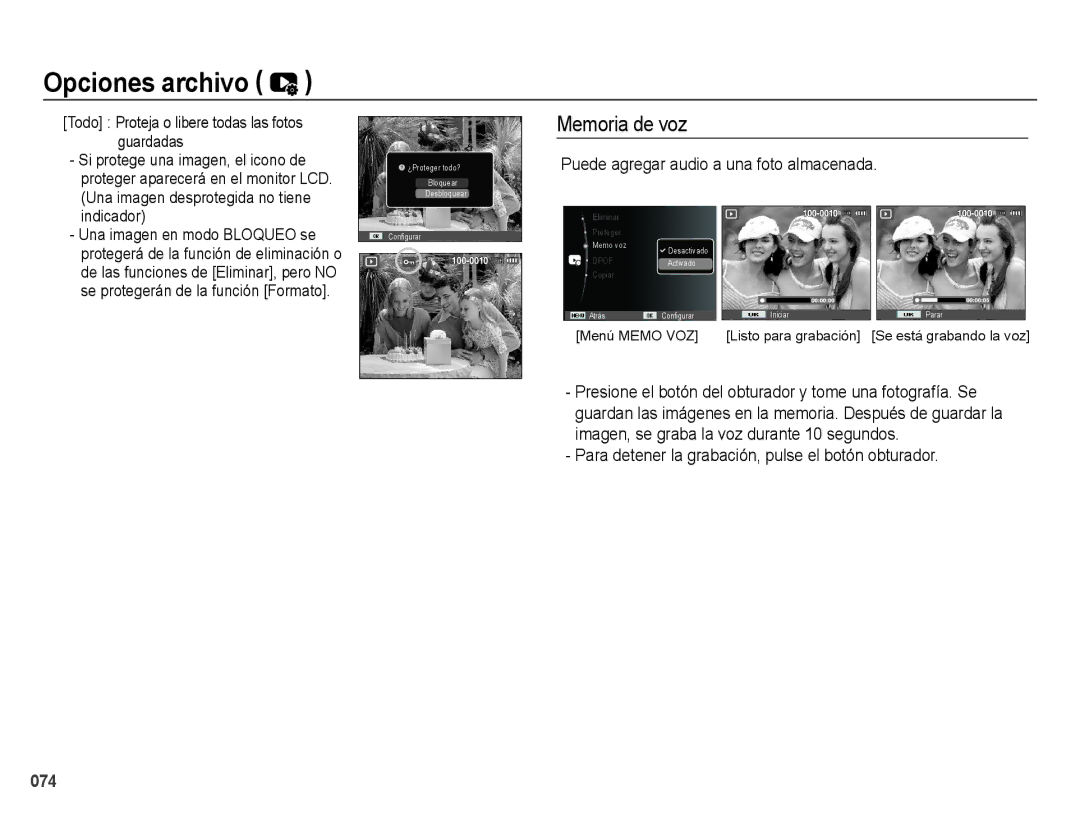 Samsung EC-ES65ZZBPWCA, EC-ES67ZZBPBE1, EC-ES65ZZBPBE1 manual Memoria de voz, Puede agregar audio a una foto almacenada 