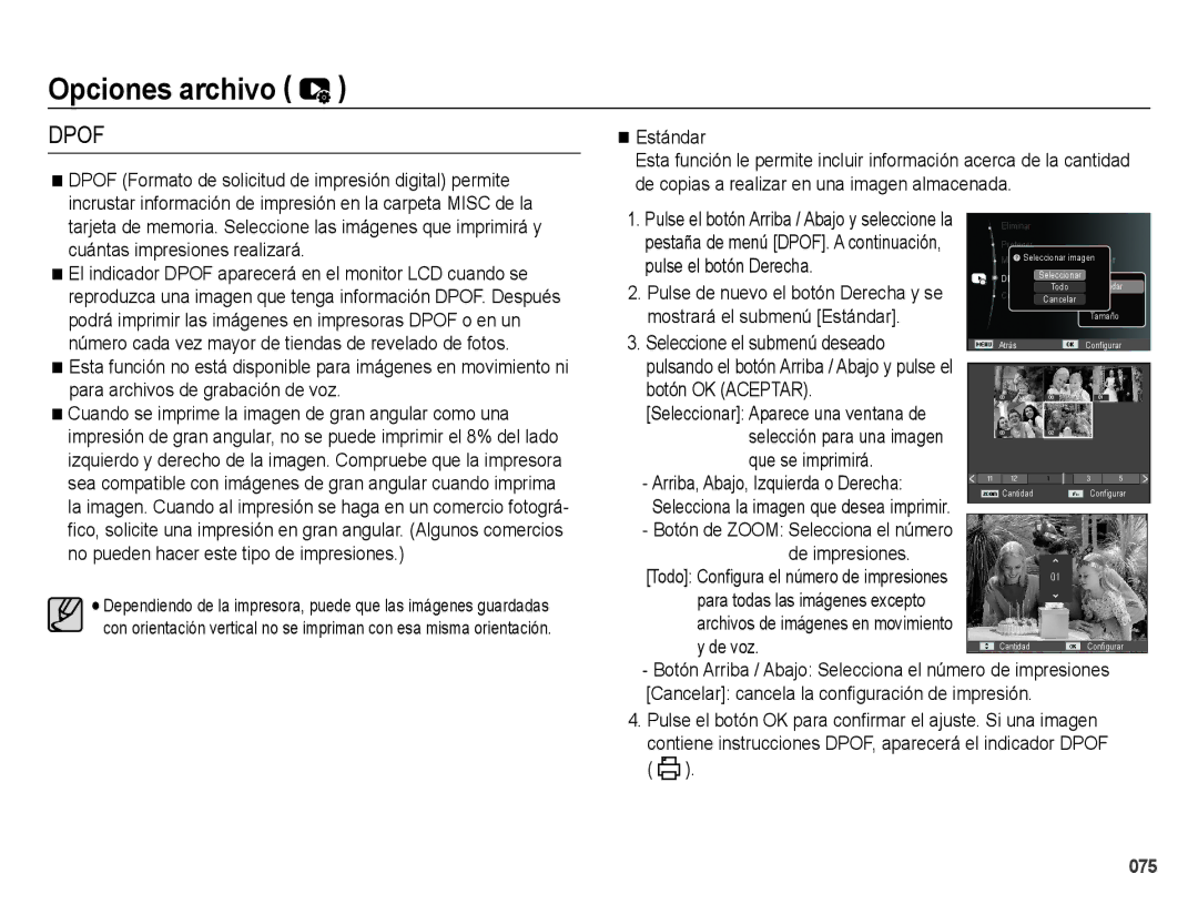 Samsung EC-ES67ZZBPPE1, EC-ES67ZZBPBE1, EC-ES65ZZBPBE1 Estándar, Botón OK Aceptar, Que se imprimirá, De impresiones, De voz 