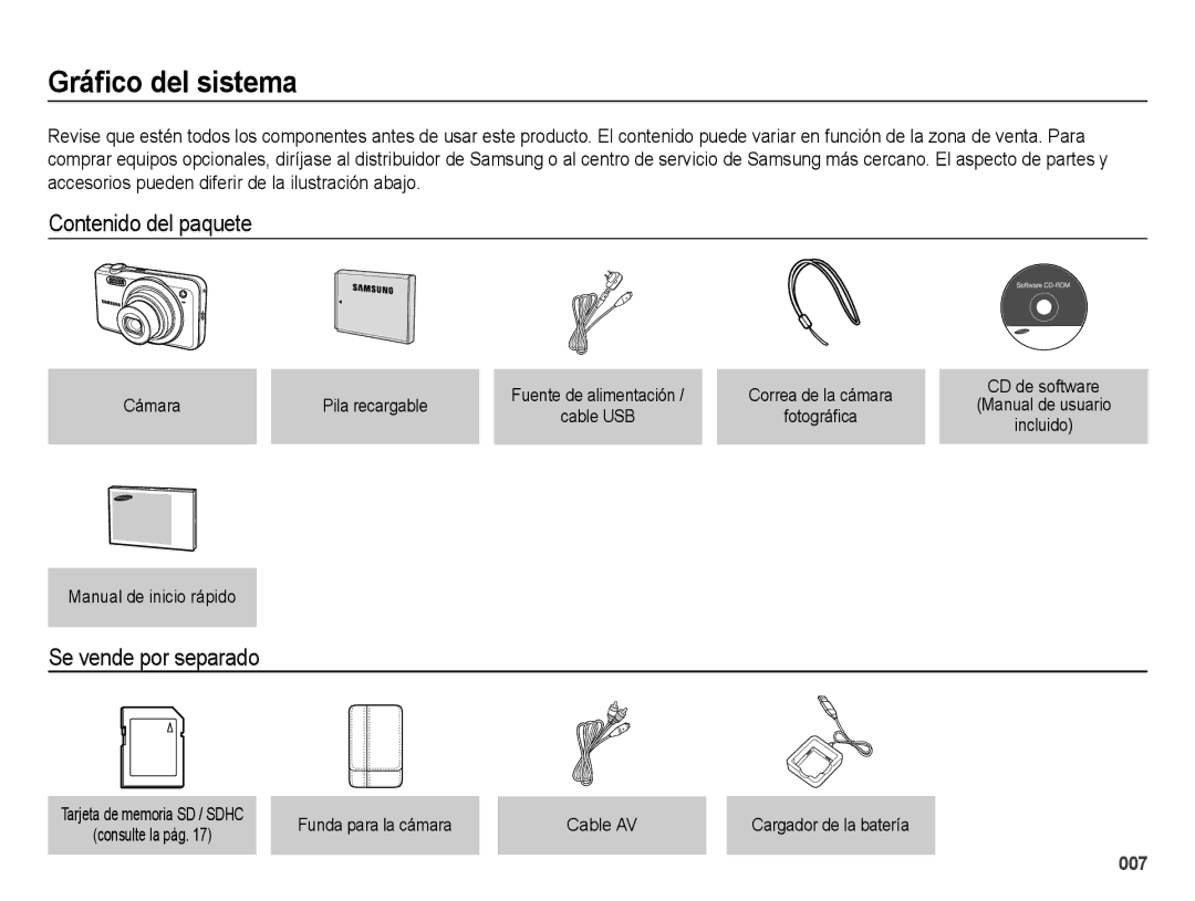 Samsung EC-ES65ZZBPPE1, EC-ES67ZZBPBE1, EC-ES65ZZBPBE1 Gráﬁco del sistema, Contenido del paquete, Se vende por separado 