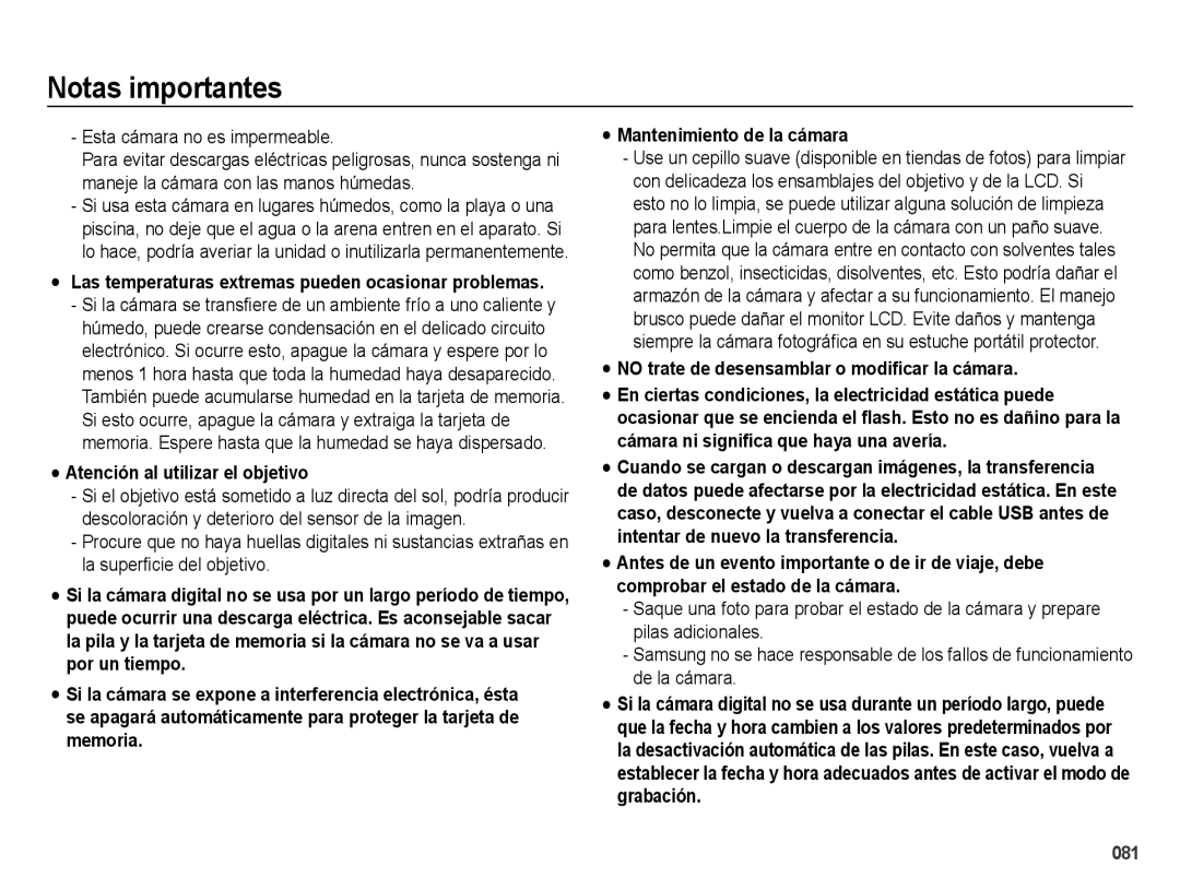 Samsung EC-ES65ZZBPRE1, EC-ES67ZZBPBE1 Esta cámara no es impermeable, Las temperaturas extremas pueden ocasionar problemas 