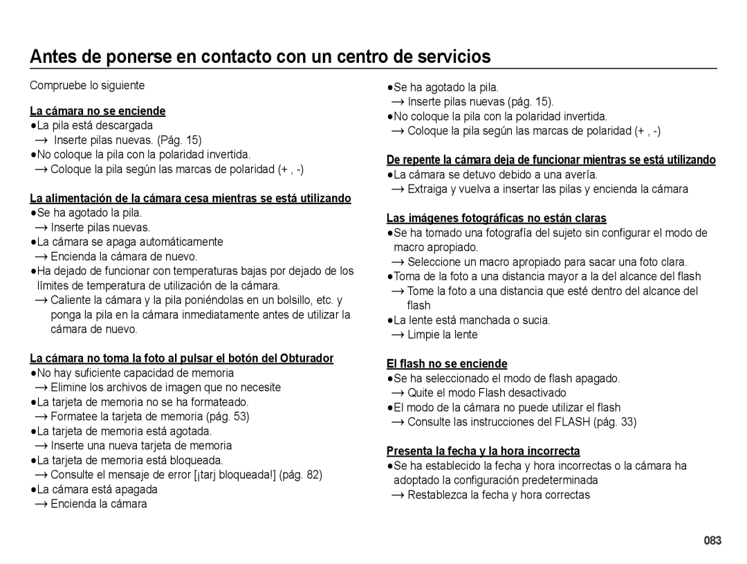 Samsung EC-ES65ZZBPWE1, EC-ES67ZZBPBE1 Antes de ponerse en contacto con un centro de servicios, Compruebe lo siguiente 