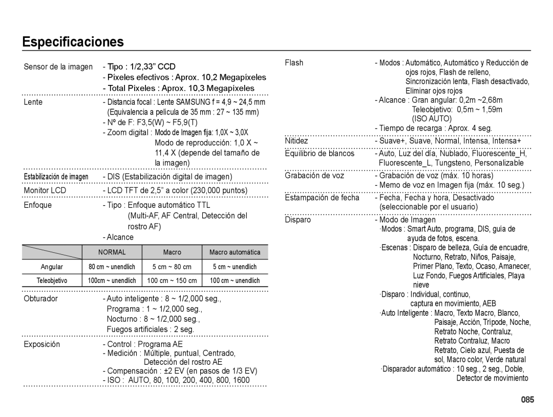 Samsung EC-ES67ZZBPPE1, EC-ES67ZZBPBE1, EC-ES65ZZBPBE1, EC-ES65ZZBPRE1, EC-ES67ZZBPRE1, EC-ES65ZZBPWE1 manual Especificaciones 