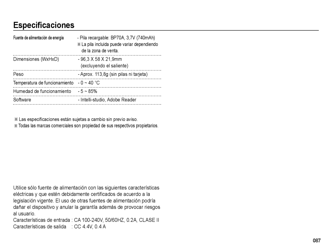 Samsung EC-ES65ZZBPPE1, EC-ES67ZZBPBE1, EC-ES65ZZBPBE1, EC-ES65ZZBPRE1, EC-ES67ZZBPRE1 De la zona de venta, ~ 40 C, ~ 85% 