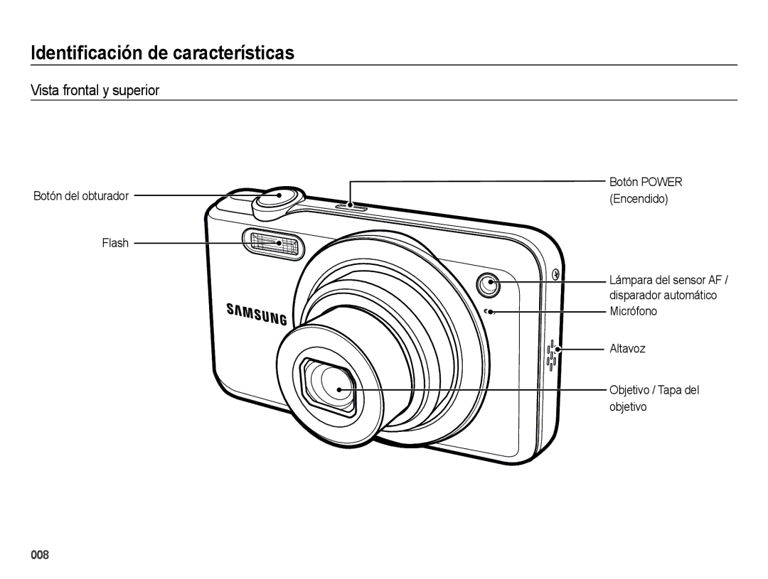 Samsung EC-ES65ZZBPSE1 manual Identiﬁcación de características, Vista frontal y superior, Botón del obturador Flash 