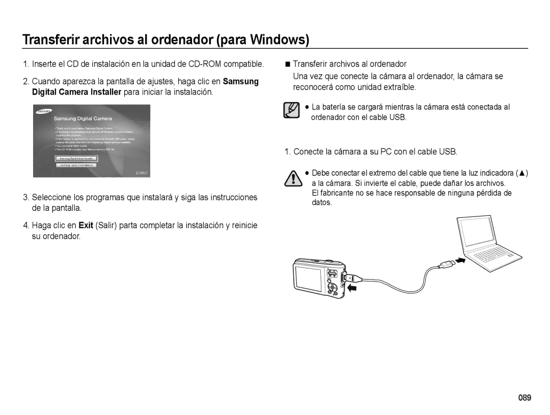 Samsung EC-ES67ZZBPBE1, EC-ES65ZZBPBE1, EC-ES65ZZBPRE1, EC-ES67ZZBPRE1 manual Conecte la cámara a su PC con el cable USB 