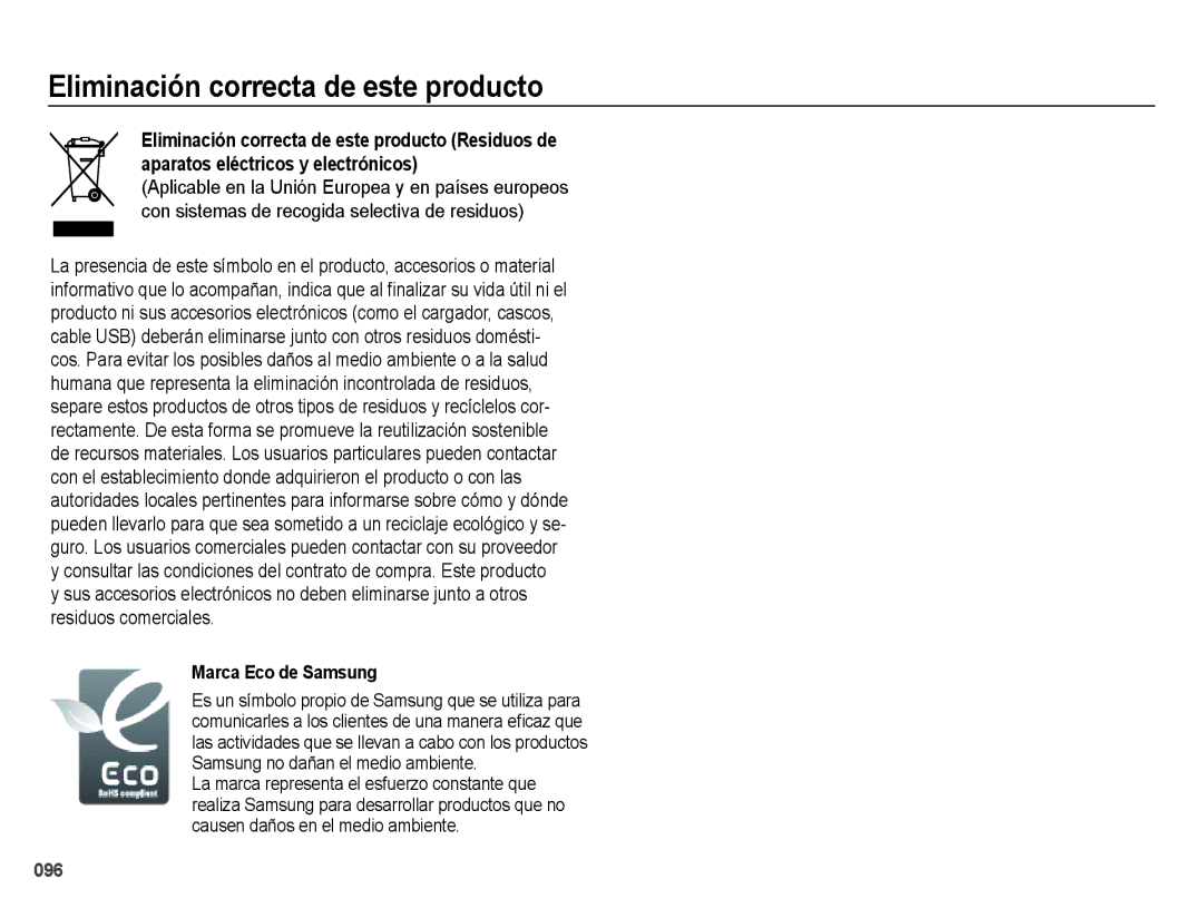 Samsung EC-ES67ZZBPSE1, EC-ES67ZZBPBE1, EC-ES65ZZBPBE1 manual Eliminación correcta de este producto, Marca Eco de Samsung 