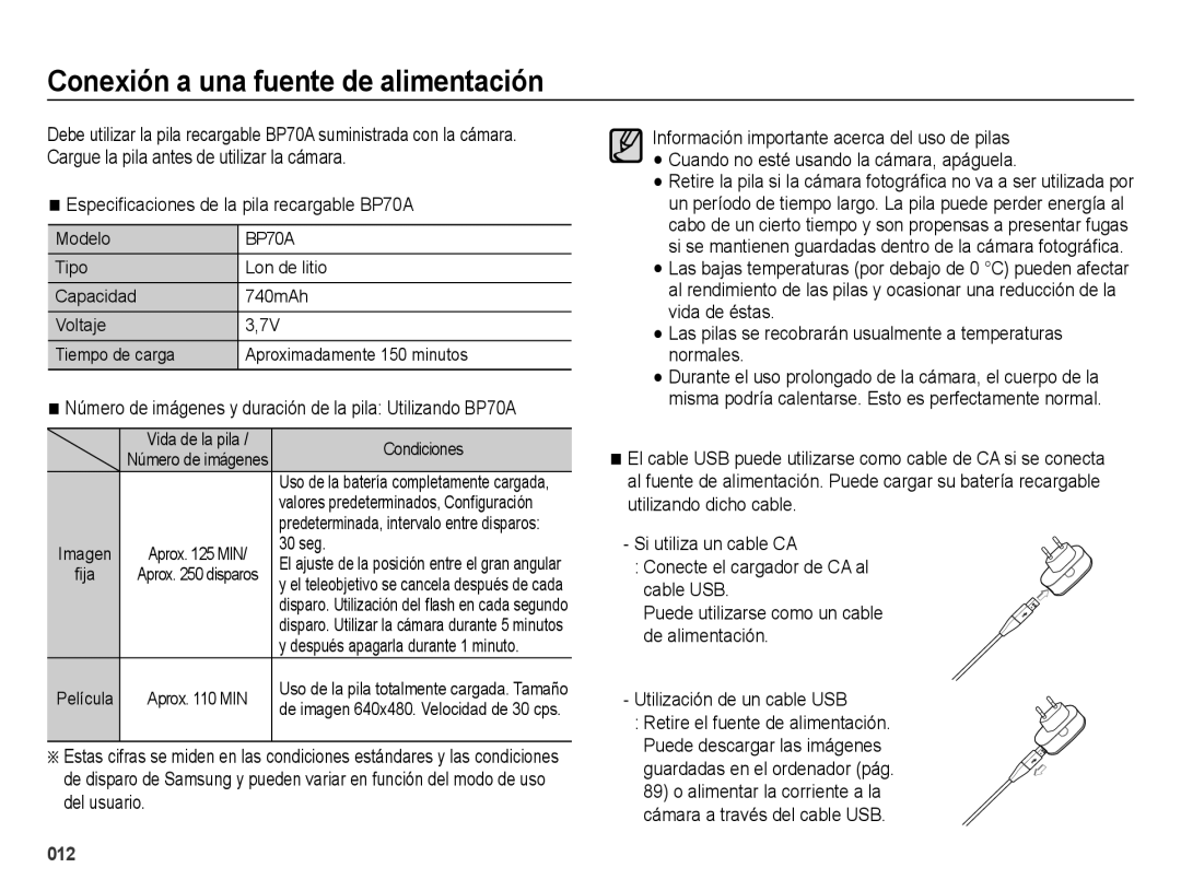 Samsung EC-ES70ZZBPPE1, EC-ES70ZZBPBE1 Conexión a una fuente de alimentación, Especiﬁcaciones de la pila recargable BP70A 