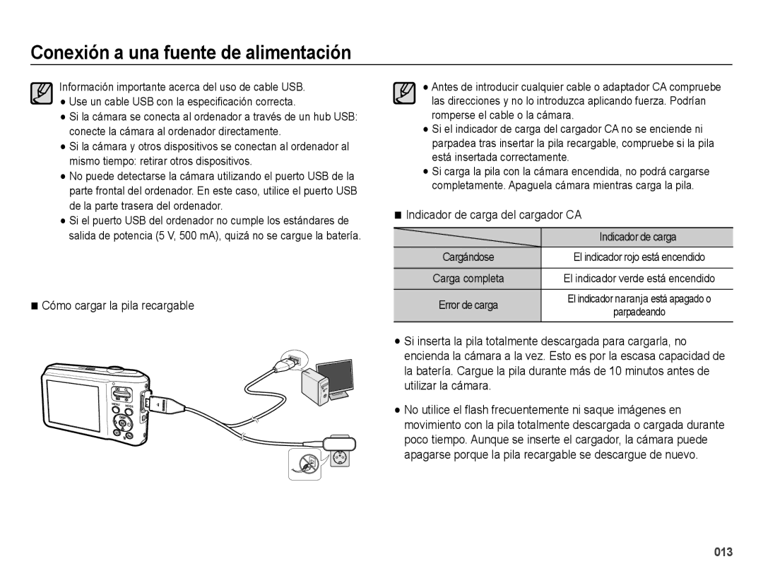 Samsung EC-ES71ZZBDUE1, EC-ES70ZZBPBE1, EC-ES71ZZBDBE1 Cómo cargar la pila recargable, Indicador de carga del cargador CA 