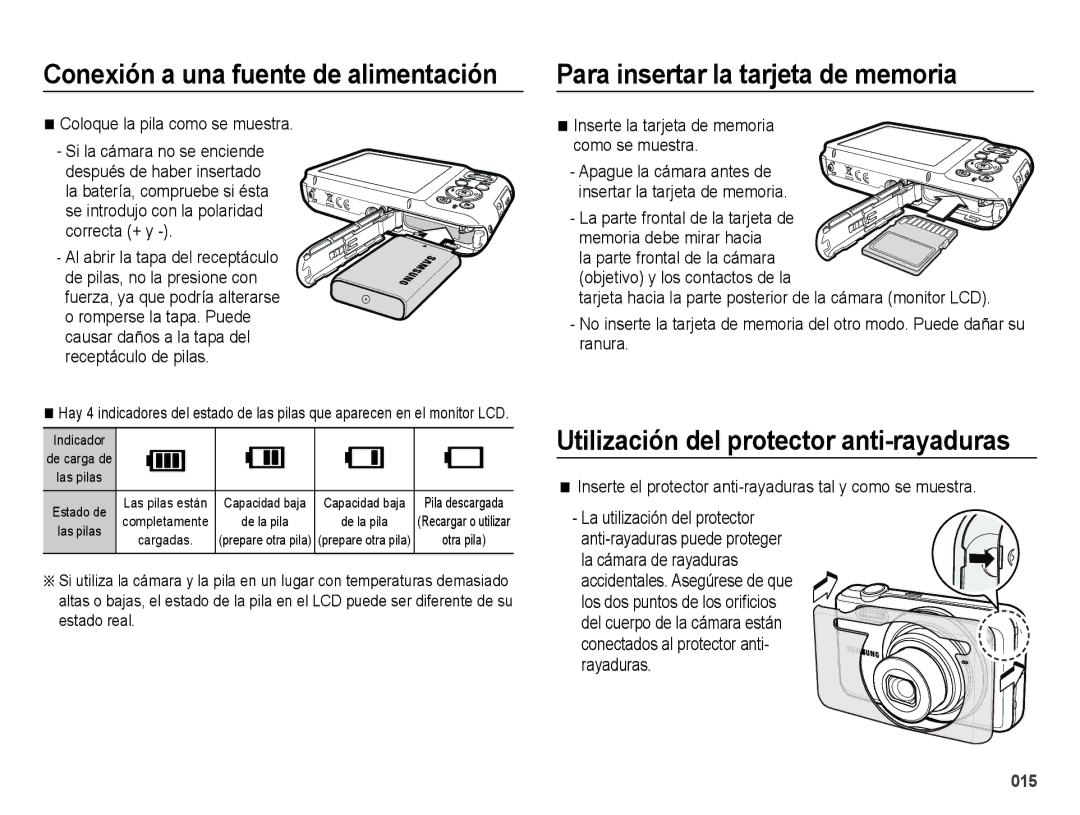 Samsung EC-ES70ZZBPBE1, EC-ES71ZZBDBE1 manual Para insertar la tarjeta de memoria, Utilización del protector anti-rayaduras 