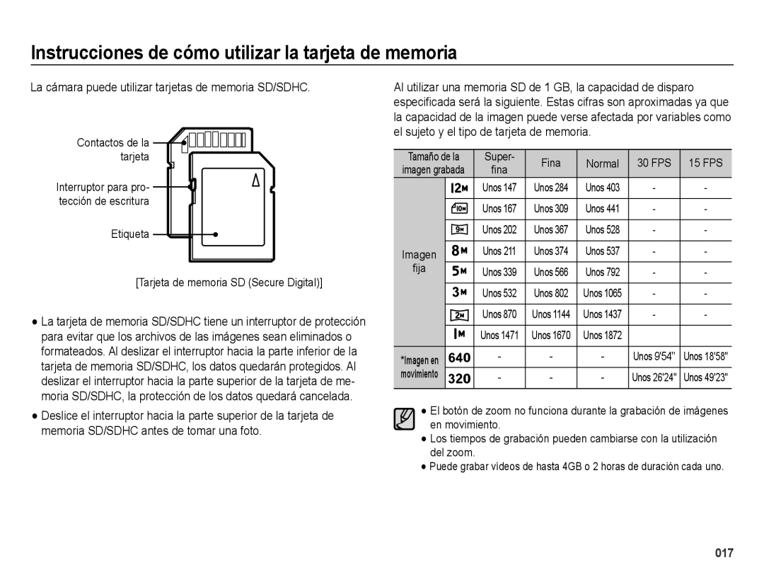 Samsung EC-ES70ZZBPRE1, EC-ES70ZZBPBE1 manual La cámara puede utilizar tarjetas de memoria SD/SDHC, Contactos de la tarjeta 