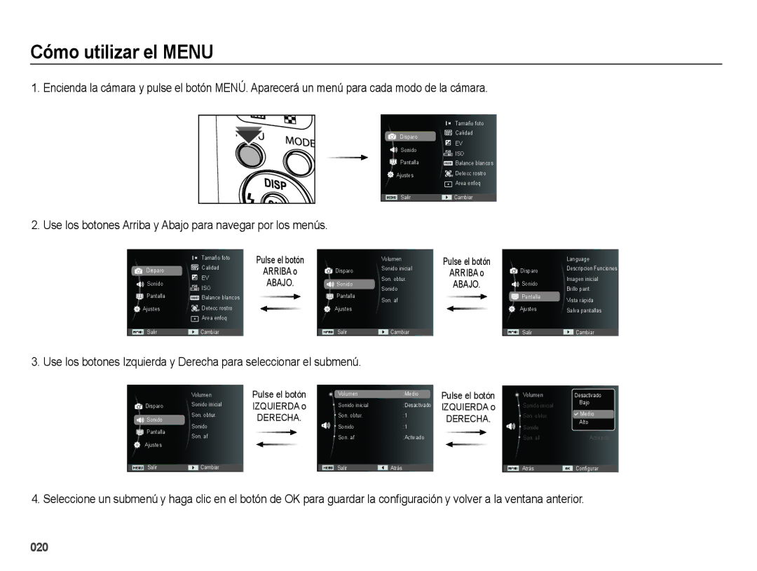 Samsung EC-ES70ZZBPPE1, EC-ES70ZZBPBE1 Cómo utilizar el Menu, Use los botones Arriba y Abajo para navegar por los menús 