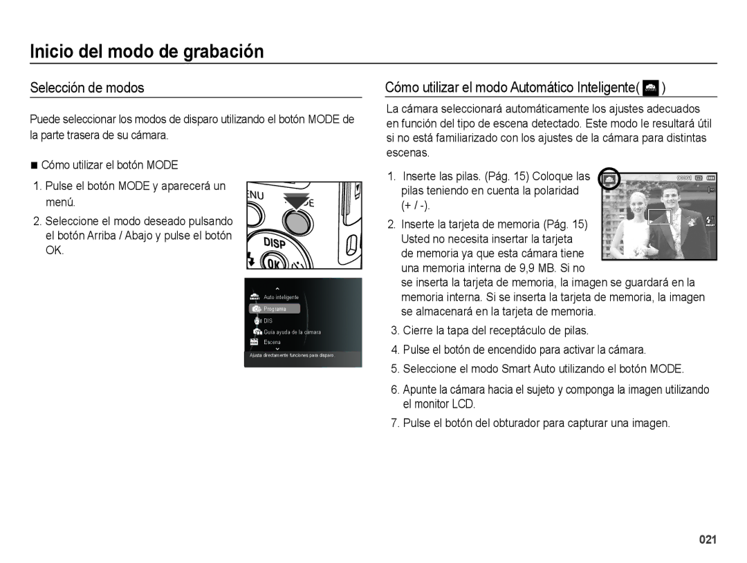 Samsung EC-ES71ZZBDUE1 Inicio del modo de grabación, Selección de modos, Cómo utilizar el modo Automático Inteligente 