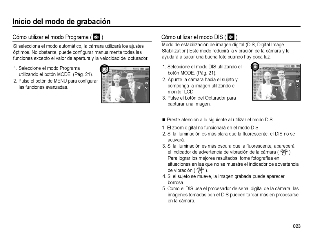 Samsung EC-ES70ZZBPBE1, EC-ES71ZZBDBE1, EC-ES70ZZBPRE1 manual Cómo utilizar el modo Programa, Cómo utilizar el modo DIS 