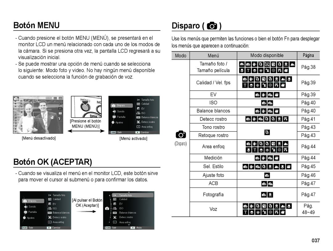 Samsung EC-ES71ZZBDUE1, EC-ES70ZZBPBE1 manual Botón Menu Disparo, Los menús que aparecen a continuación, Modo disponible 