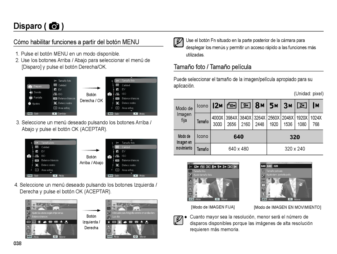 Samsung EC-ES70ZZBPSE1, EC-ES70ZZBPBE1 Cómo habilitar funciones a partir del botón Menu, Tamaño foto / Tamaño película 