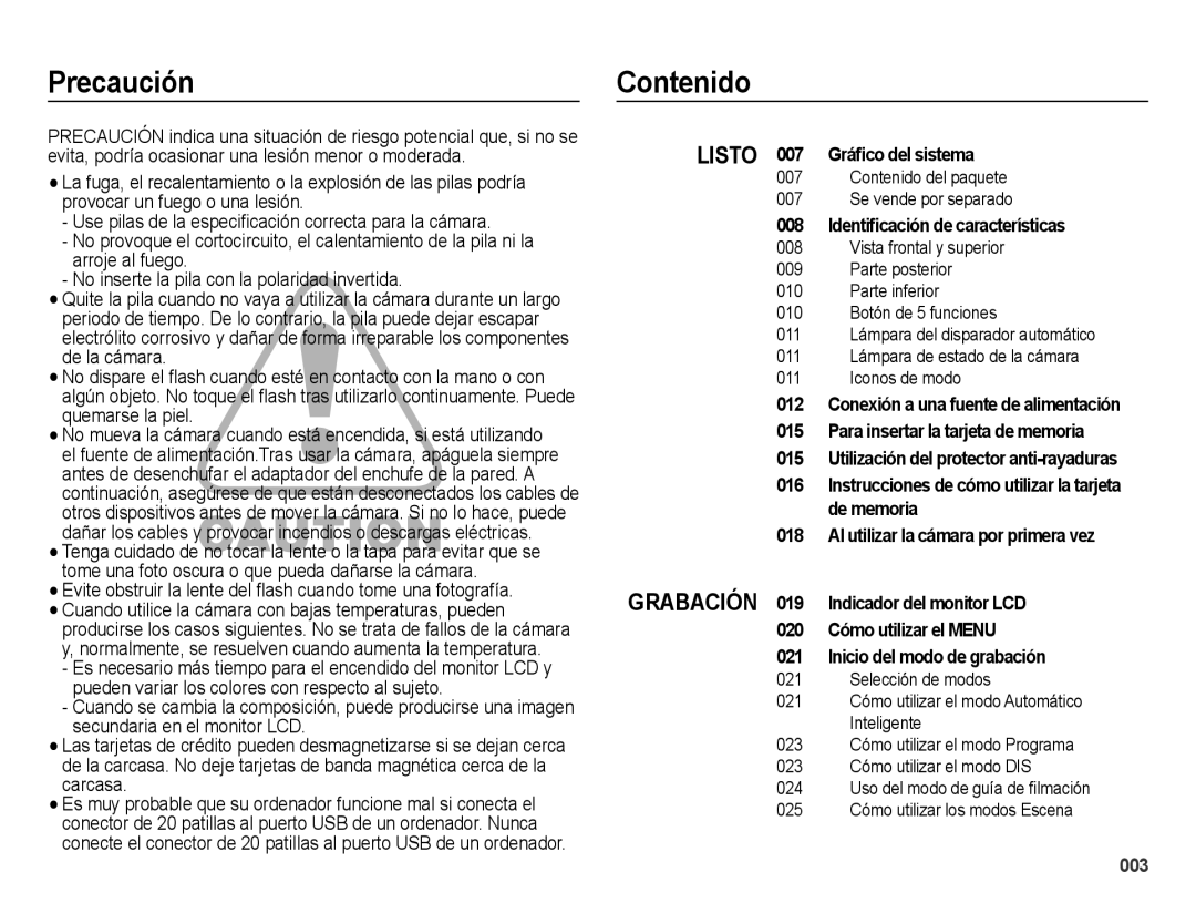 Samsung EC-ES70ZZBPUE1, EC-ES70ZZBPBE1, EC-ES71ZZBDBE1, EC-ES70ZZBPRE1, EC-ES71ZZBDPE1, EC-ES70ZZBPPE1 Precaución, Contenido 