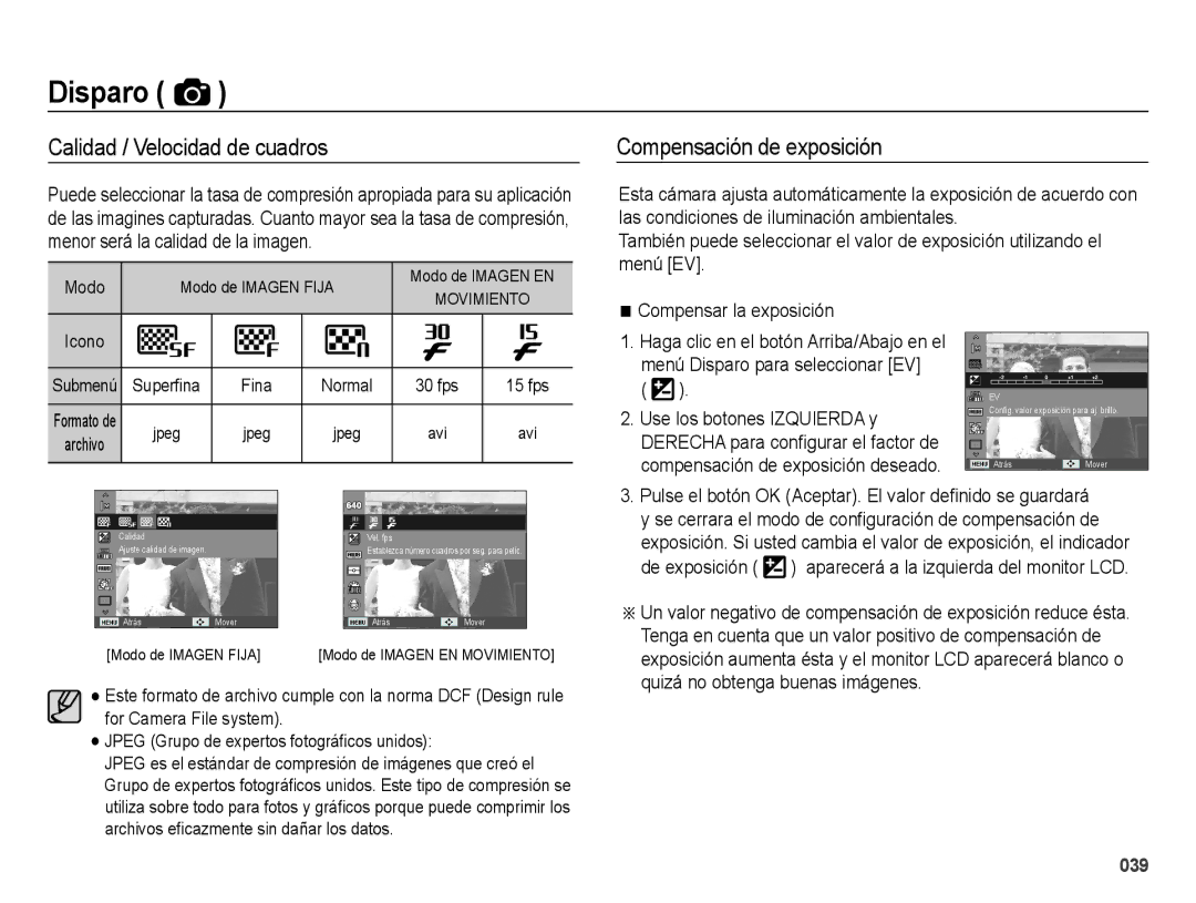 Samsung EC-ES70ZZBPBE1 Calidad / Velocidad de cuadros, Compensación de exposición, Compensar la exposición, De exposición 