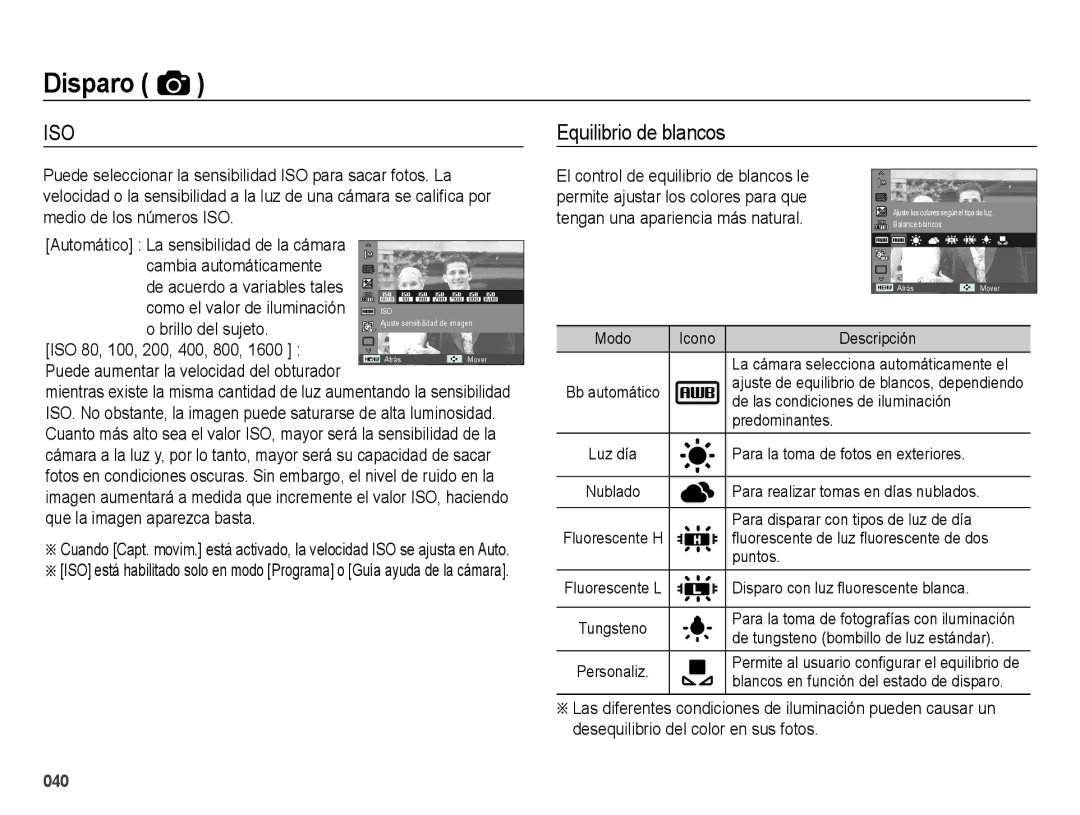 Samsung EC-ES71ZZBDBE1 manual Equilibrio de blancos, Cambia automáticamente De acuerdo a variables tales, Brillo del sujeto 