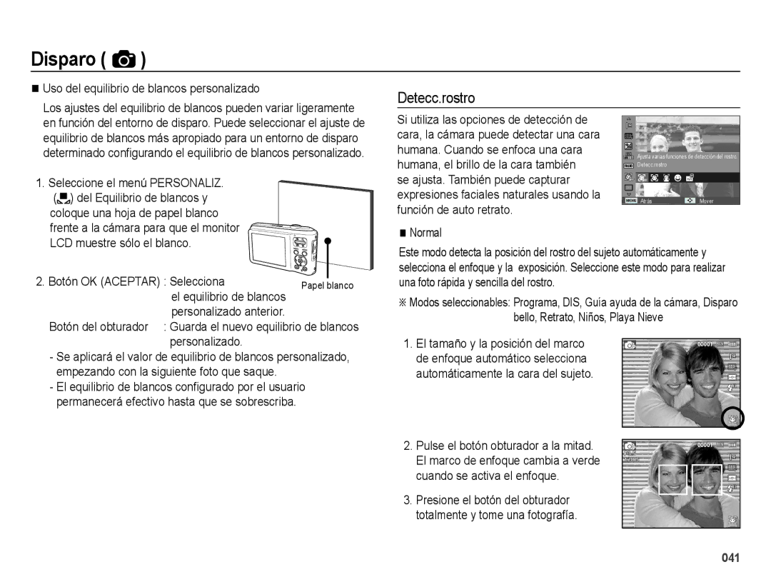 Samsung EC-ES70ZZBPRE1 manual Detecc.rostro, Uso del equilibrio de blancos personalizado, LCD muestre sólo el blanco 