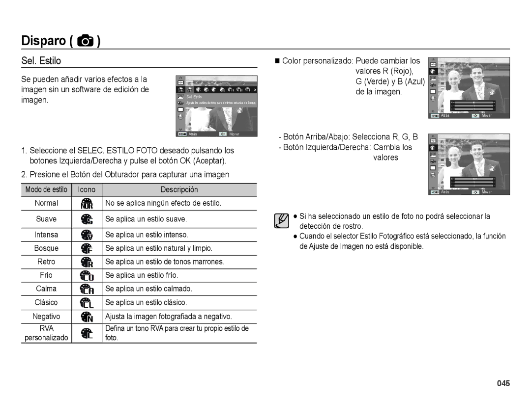 Samsung EC-ES71ZZBDUE1, EC-ES70ZZBPBE1 Sel. Estilo, Verde y B Azul De la imagen, Botón Arriba/Abajo Selecciona R, G, B 