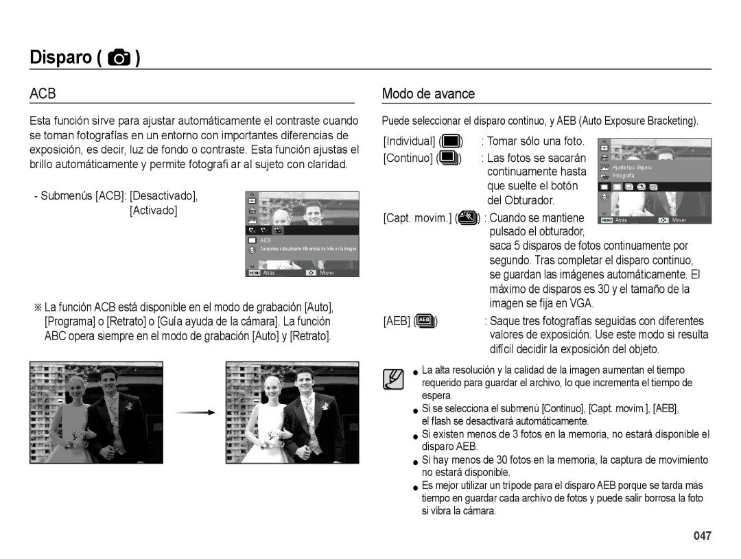 Samsung EC-ES70ZZBPBE1 Modo de avance, Que suelte el botón Del Obturador, Cuando se mantiene, Pulsado el obturador, Aeb 