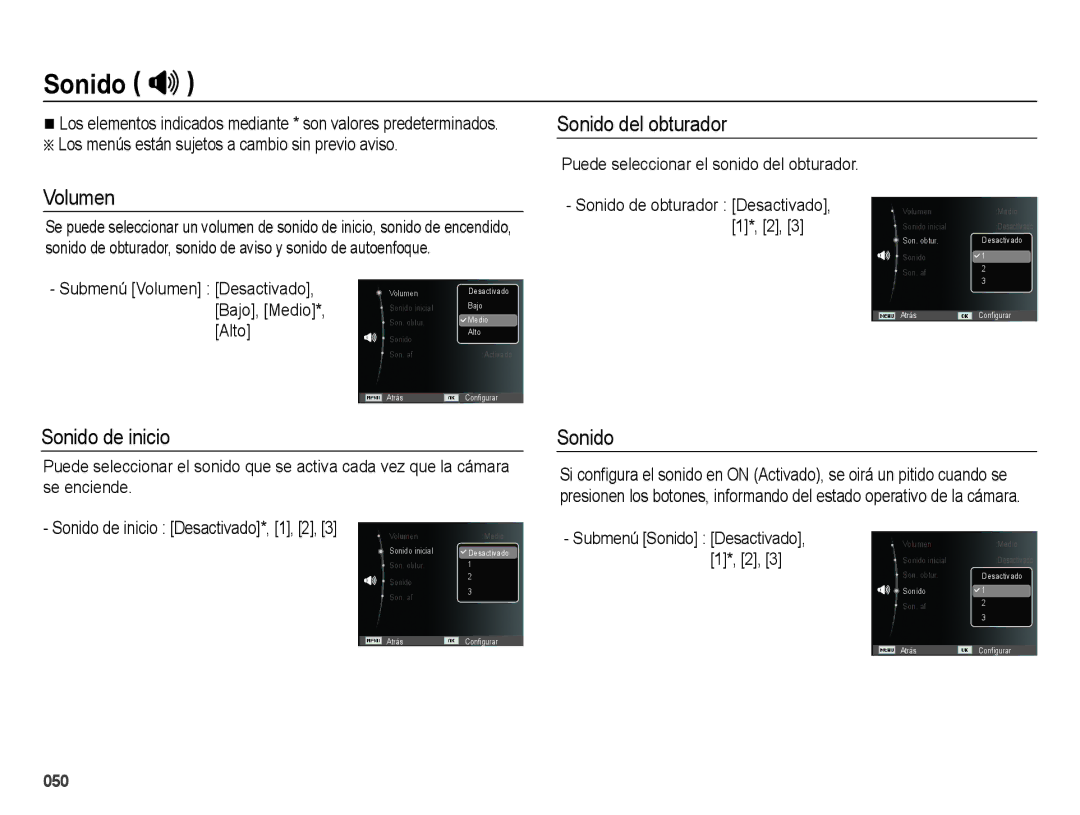 Samsung EC-ES71ZZBDPE1, EC-ES70ZZBPBE1, EC-ES71ZZBDBE1 manual Sonido , Sonido del obturador Volumen, Sonido de inicio 