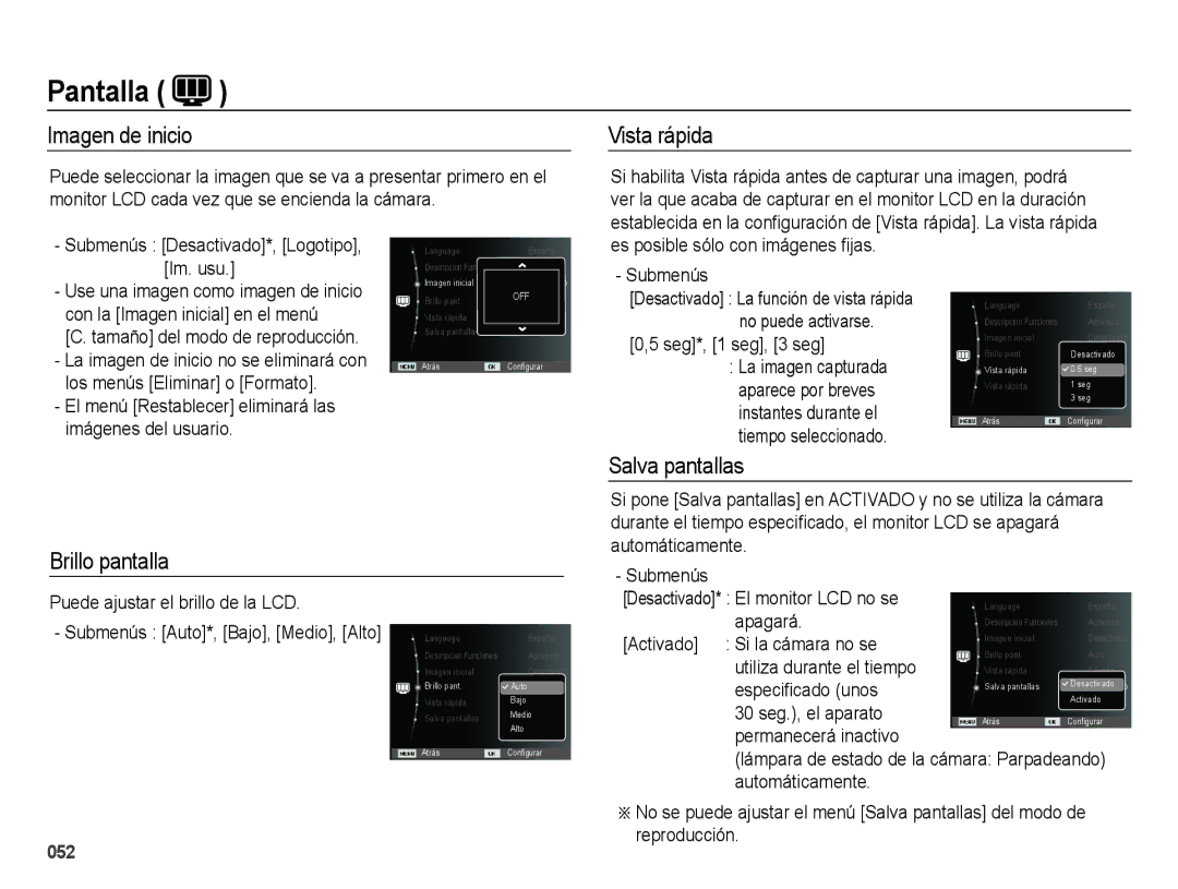 Samsung EC-ES70ZZBPPE1, EC-ES70ZZBPBE1, EC-ES71ZZBDBE1 manual Imagen de inicio, Vista rápida, Salva pantallas Brillo pantalla 