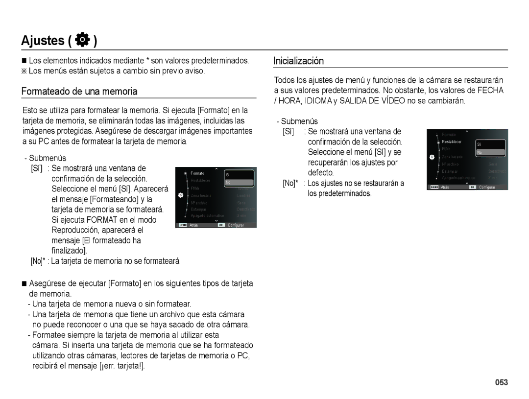 Samsung EC-ES71ZZBDUE1, EC-ES70ZZBPBE1 Ajustes, Formateado de una memoria Inicialización, Defecto, Los predeterminados 