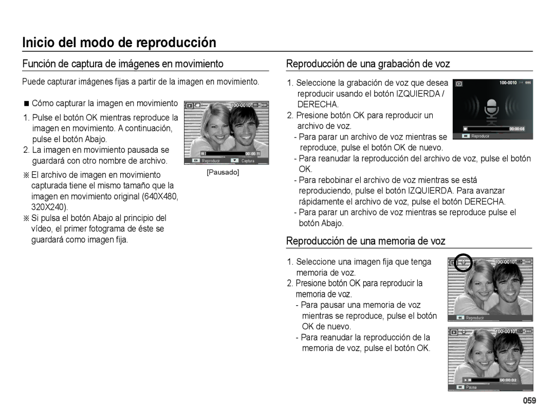 Samsung EC-ES70ZZBPUE1, EC-ES70ZZBPBE1 Función de captura de imágenes en movimiento, Reproducción de una grabación de voz 