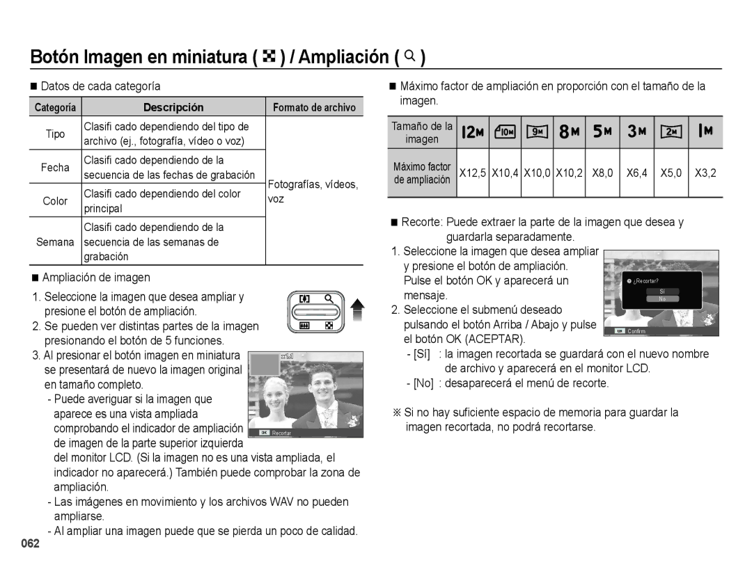 Samsung EC-ES70ZZBPSE1 Botón Imagen en miniatura º / Ampliación í, Pulse el botón OK y aparecerá un, El botón OK Aceptar 